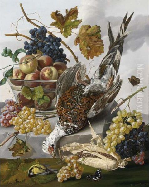 A Hunting Still Life With A Pheasant, Grapes, Peaches And Butterflies On A Stone Ledge - view 1