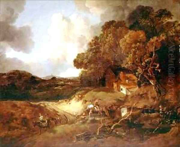 Extensive wooded landscape with peasants on a path - view 1