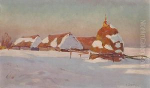 Pejzaz Zimowy Z Wiejskimi Chatami by Teodor Ziomek