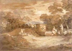 Mountain Landscape with Figures Sheep and Fountain