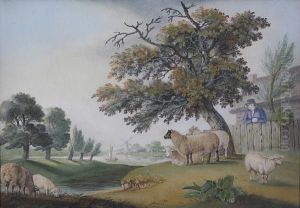 Figure And Sheep By A Cottage Overlooking Ariver, Sand Picture