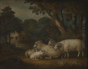 Sheep And Lambs In A Wooded Landscape, A House In The Background