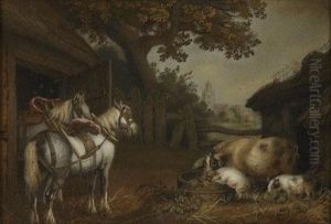 Two Horses And Three Pigs In A Farmyard