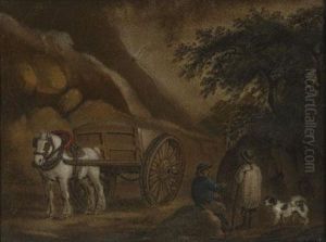 A Shire Horse And Cart, A Dog And Two Farm Labourers Talking