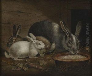 Three Various Rabbits Eating Greens In An Interior
