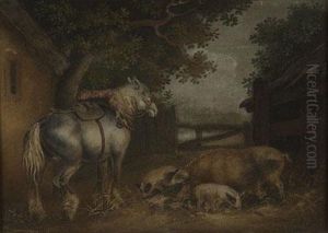Three Sheep In A Wooded Landscape