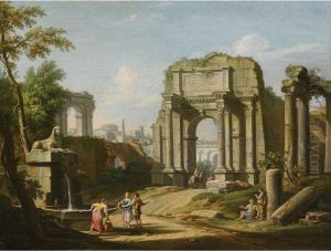 Capriccio Architettonico Con Rovine Antiche, Una Sfinge E Figurepresso Una Fontana by Giuseppe Zocchi