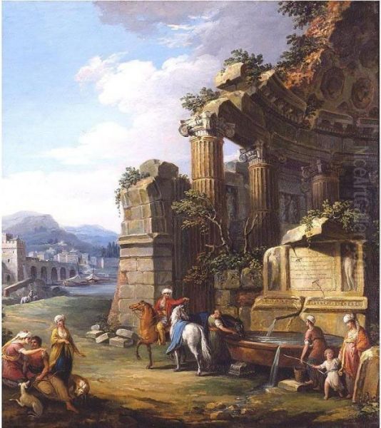 An Italianate River Landscape
With Classical Ruins, Figures Dressed In Oriental Costume Watering Their
Horses At A Fountain With Others Fetching Water Nearby - view 1