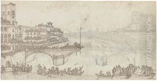 Il Giocco Del Ponte On The Ponte
Di Mezzo Over The Arno At Pisa(recto); A Garden And Courtyard Behind A
Church (verso) - view 1