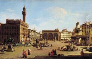 Florence, A View Of The Piazza 
Della Signoria Looking East, With The Palazzo Vecchio And The Loggia Dei
 Lanzi, And Figures Gathered Around A Puppet-show