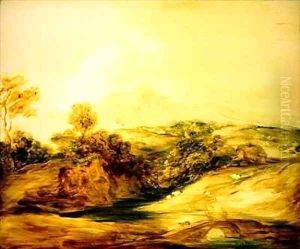 Wooded River landscape with figures on a bridge by Thomas Gainsborough