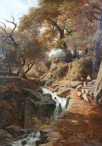 Young Shepherd Boy With Flock By A Rocky Woodland Stream