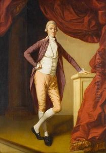 Portrait Of A Young Man, 
Full-length, In Acrimson Coat And A White Waistcoat, Leaning On A Stone 
Plinth