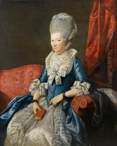 Portrait Of A Lady, 
Three-quarter-length, In A Blue, Lace-trimmed Dress With A Pearl 
Headdress And A Miniature On Her Wrist, Seated In A Red Chair Before A 
Red Curtain by Johann Zoffany