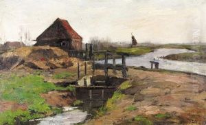 Hollandische Feldpartie Mit Kanal Und Schleuse.