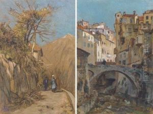 A Figure Crossing A Bridge In An Italian Town; And Travellers On A Hillside Track by Jacques Abraham Zon
