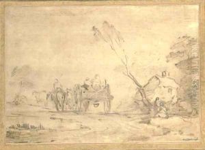 A wooded landscape with a horse and cart on a country path, a cottage beyond by Thomas Gainsborough