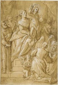 The Madonna Supporting The
Infant Christ As Salvator Mundi, With St Joseph, St Anthony Abbot, St
Dorothy And A Donor, With Two Angels by Federico Zuccaro