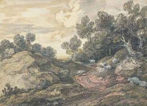 A wooded landscape with sheep grazing by a winding track by Thomas Gainsborough