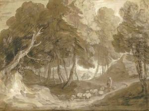 A wooded landscape with shepherd and sheep by Thomas Gainsborough