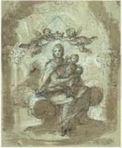 La Vierge Couronnee Par Deux Anges Tenant Dans Ses Bras L'enfant Jesus by Federico Zuccaro