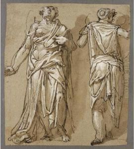 Two Female Figures In Classical 
Dress, One Seen From Behind, Kissing A Head Sketched In The Background