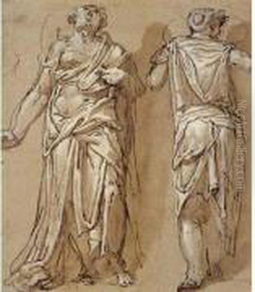 Deux Personnages Drapes, L'un De Dos, L'autre De Face - view 1