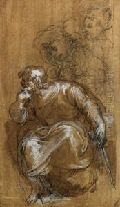 A Seated Bearded Man In Profile To The Left, Three Standing Figuresbeyond