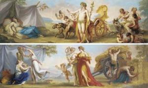 The Triumph Of Bacchus And Ariadne, With Cherubs In Attendance, In A Coastal Landscape; And Harvesters And Nymphs In An Extensive Landscape by Antonio Zucchi