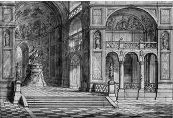 Two Stage Designs: The Interior 
Of A Palace With An Equestrianmonument; And A View Of Courtyard With A 
Fountain On Aterrace - view 1