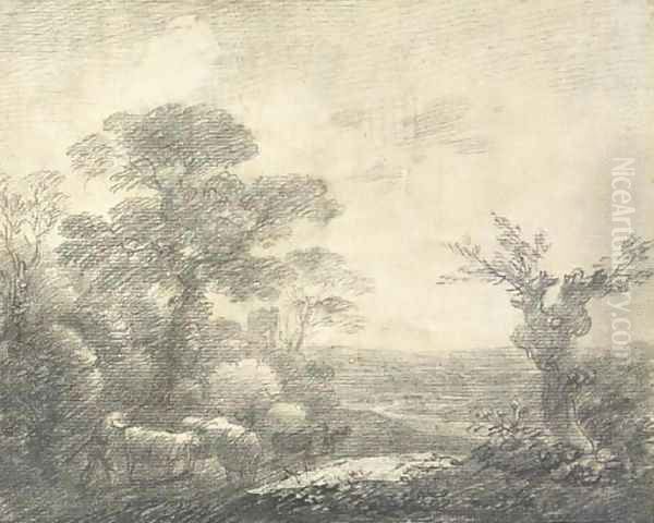 Wooded landscape with herdsmen, cows, river and church tower - view 1