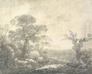 Wooded landscape with herdsmen, cows, river and church tower by Thomas Gainsborough