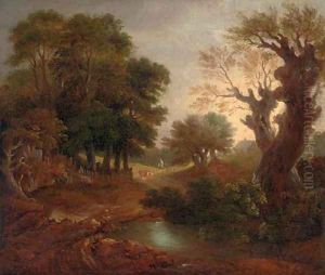 A wooded landscape with a pond and a figure on a path by Thomas Gainsborough