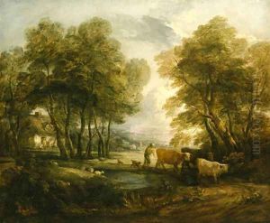 A wooded Landscape with Herdsmen, Cows and Sheep near a Pool, figures outside a cottage beyond by Thomas Gainsborough