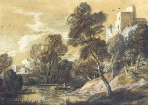 A wooded river landscape with figures in a boat and buildings by Thomas Gainsborough