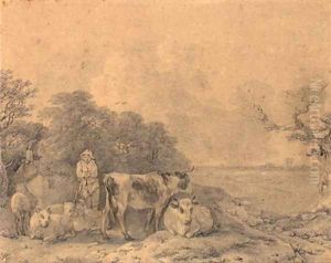 Herdsman with cows and sheep outside a cottage at the edge of a wood by Thomas Gainsborough