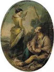 A Young Lady With A Distaff And An Old Man Weaving A Basket