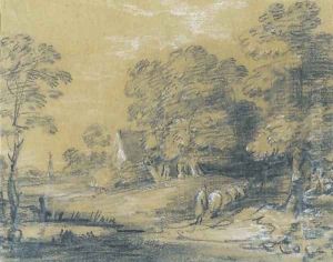 A wooded landscape with a shepherd and his flock fording a stream, a cottage beyond by Thomas Gainsborough