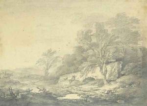 An extensive landscape with a traveller resting below a stone bridge, a ruined castle on a hill beyond by Thomas Gainsborough
