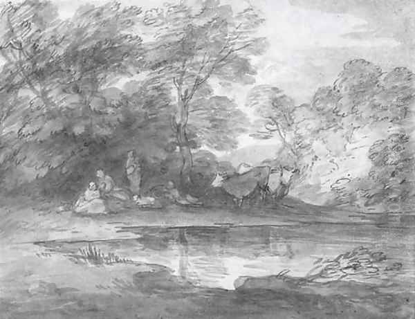 Figures and cattle in a wooded landscape - view 1