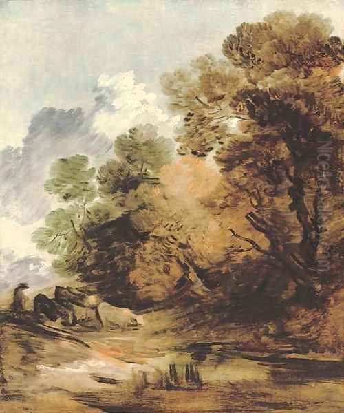 Wooded landscape with a herdsman driving cattle towards a pool - view 1