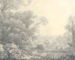 Wooded landscape with figures, donkeys and buildings by Thomas Gainsborough