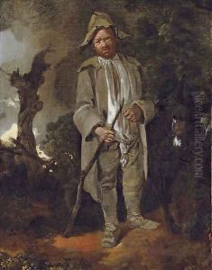 An old peasant with a donkey in a wooded landscape