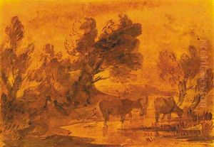 Cattle watering in a wooded landscape by Thomas Gainsborough