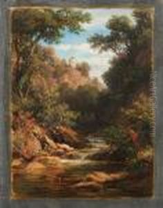 Baumbestandene Bachlandschaft Mit Angler by Robert Zund