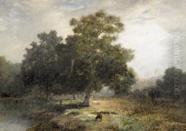 Landschaftspartie Mit Bauerin Und Schaf Unter Baumen. - view 1