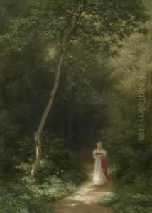 Woman Reading On A Forest Path. by Robert Zund