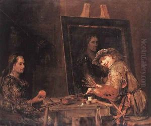 Self-Portrait at an Easel Painting an Old Woman 1685 by Aert De Gelder