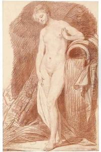 A nude woman standing by an urn by Jean Baptiste Greuze