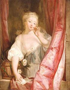 'Le Baiser envoye' A lady en deshabille holding a letter at a window by Jean Baptiste Greuze